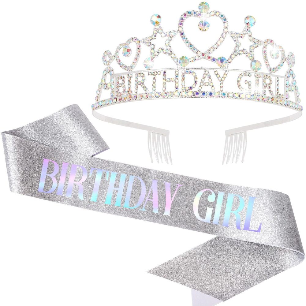 9853 Birthday Girl Tiara and Sash Set - Silver Iridescent Rhinestone Crown